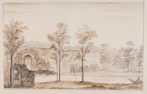 Chiswick, design para uma cascata rústica e uma ponte encostada ao terraço (caneta e tinta e lavar com lápis sobre papel) de William Kent