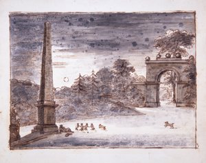 Chiswick, o Burlington Lane Gate e o Obelisco ao luar com Kent sentado junto ao Obelisco a sonhar, e com coelhos a brincar, c.1732 (caneta e tinta e lavagem sobre papel) de William Kent