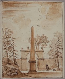 Chiswick, vista do Burlington Lane Gate, o Obelisco em primeiro plano, e Kent com cão (caneta e tinta e lavagem em papel) de William Kent