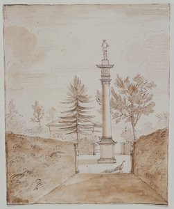 Chiswick, vista da Coluna Dórica com estátua de Vénus de Medici, e um vislumbre do lado da casa do veado (caneta e tinta sobre papel)
