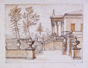 Chiswick, vista da Villa do lado da estátua de Inigo Jones (caneta e tinta e lavar a lápis sobre papel) de William Kent