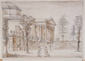Chiswick, vista da villa do lado da estátua do Palladio (caneta e tinta e lavar a lápis sobre papel) de William Kent