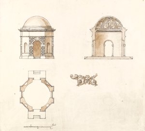 Templo Octogonal no Shotover Park, Oxfordshire: Plano, Secção e Elevação de William Kent