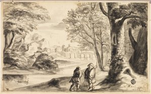 Dois viajantes sob a árvore com vila e ponte à distância de William Kent