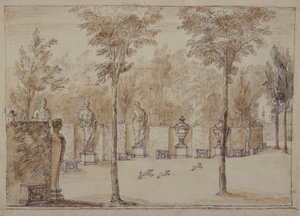 Vista para o Exedra em Chiswick (caneta e tinta com lavagem castanha no papel) de William Kent