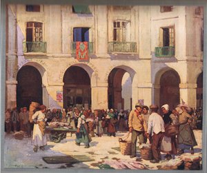 Mercado de peixe em Dieppe, de "Aliados na Arte" publicado c.1925 (cor litho)
