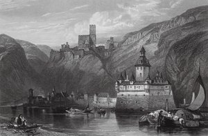 Caub, Castelo de Gutenfels, e o Pfalz, Reno (gravura)