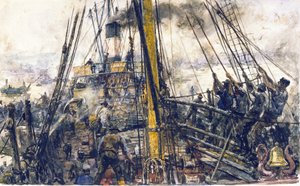 Apanhadores de carvão a bordo de um barco, levantando a carga de carvão do porão de carga utilizando um sistema de roldanas de William Lionel Wyllie