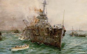 O HMS "Audacious" afunda-se ao largo de Loch Swilly depois de ter atingido uma mina, 27 de outubro de 1914, início do século XX (aguarela) de William Lionel Wyllie