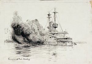 HMS "Canopus" em Port Stanley, disparando as salvas de abertura da Batalha das Ilhas Falkland, 8 de dezembro de 1914 (caneta e tinta, com lavagem a preto, sobre cartão) de William Lionel Wyllie