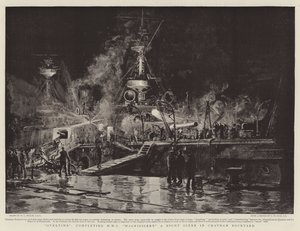 Horas extras, completando o HMS Magnificent, uma cena noturna no estaleiro de Chatham