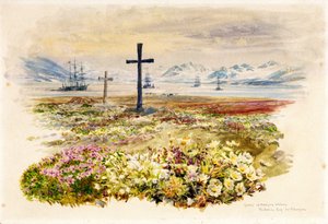 Search Bay (Research Bay, Tasmânia, Austrália), duas cruzes plantadas em canteiros de flores com navios à distância. Aguarela de William Lionel Wyllie