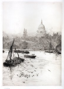 Navegação e gaivotas abaixo de St. Pauls (aguarela) de William Lionel Wyllie