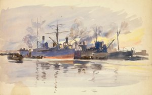 Esboço de navios mercantes no porto, final do século XIX e início do século XX (aguarela) de William Lionel Wyllie