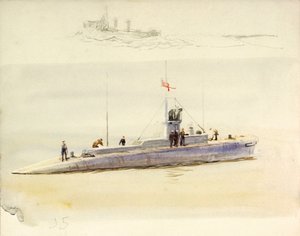 Submarino J.5 e esboço de outro navio de combate, início do século XX (aguarela, grafite) de William Lionel Wyllie