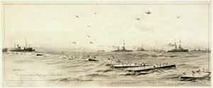 A frota alemã de alto mar encurralada em Scapa, c.1918 (lavagem, cinzento, realçado com branco) de William Lionel Wyllie