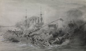 O último "Scharnhorst" e o "Gneisenau"; Batalha das Ilhas Falkland, 8 de dezembro de 1914, cerca das 16.15, c.1915-18 (aguada, cinzento, realçado com branco) de William Lionel Wyllie