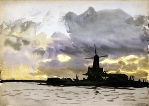 O moinho de vento em Zaandam, a norte de Amesterdão (Países Baixos). Aguarela de William Lionel Wyllie