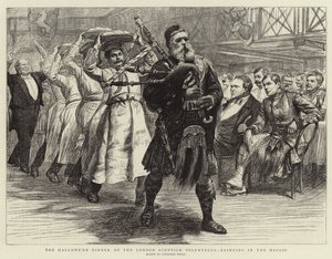 O Jantar Hallowe&39;en dos Voluntários Escoceses de Londres, trazendo os Haggis