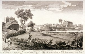 Vista oeste de Chelsea Bridge, Londres, c1760 de William Lodge