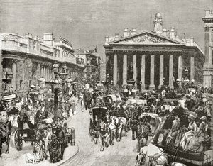 O Banco da Inglaterra e o Royal Exchange no século XIX, de "London Pictures: Drawn with Pen and Pencil", do Rev. Richard Lovett, publicado em 1890