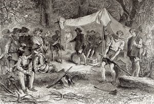 O Primeiro Dia em Jamestown, 14 de maio de 1607, de "O Romance e a Tragédia da Vida Pioneira", de Augustus L. Mason, 1883 (gravura) (foto bundw)