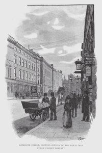 Moorgate Street, mostrando os escritórios da Royal Mail Steam Packet Company (litho) de William Luker