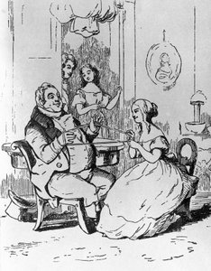 Sr. Joseph Sedley enredado por Becky Sharp, ilustração para o 1º capítulo da Vanity Fair, romance de William Makepeace Thackeray (1811-1863), gravura após desenho de William Makepeace Thackeray (1811-1863), publicado em Chicago em 1882