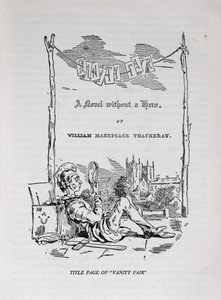 Página de título para &39;Vanity Fair, um romance sem um herói&39;, com um auto-retrato do artista e autor, pub. 1848