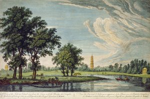 Kew, A View of the Lake and Island vista do relvado, com a Ponte, os Templos de Arethusa e Victory e o Grande Pagode nos Jardins Reais de Kew de William Marlow