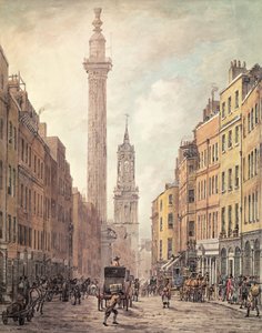 Vista de Fish Street Hill, Monumento e St. Magnus, o Mártir de Gracechurch Street, Londres, 1795 (gravura colorida à mão)