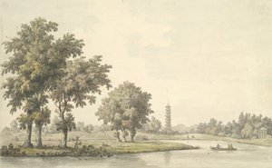 Vista do lago e da ilha desde o relvado de Kew, 1763. de William Marlow