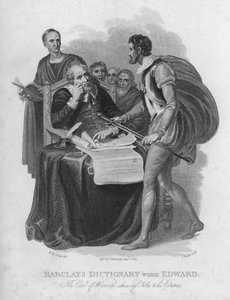 Barclays Dictionary, palavra: Edward, The Earl Of Warren shewing Titles to his Estates (gravura)
