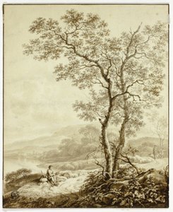 Estrada sinuosa junto ao lago, com uma grande árvore e um viajante em repouso em primeiro plano de William Marshall Craig
