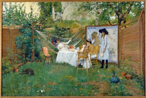 Café da manhã ao ar livre por volta de 1888 As jovens mulheres em um jardim, uma delas está em uma rede. Pintura de William Merritt Chase (1849-1916) 1888 Toledo. Museu de Artes de William Merritt Chase