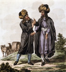 Judeus poloneses, gravura do livro "O Traje dos Estados Hereditários da Casa da Áustria" de Antoine François Bertrand de Molleville e ilustrado por William Miller (1796-1882) em 1804