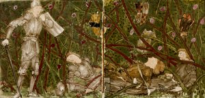 Dezesseis azulejos formam oito ilustrações do conto 