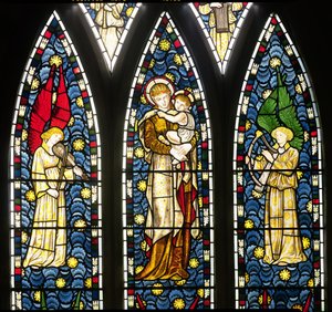 Madonna e criança com dois anjos, detalhe da metade superior da janela de anjos, 1869 detalhe de vidro manchado de 120165 de William Morris