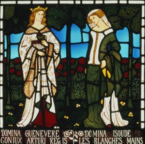 Rainha Guinevere e Isolda das Mãos Brancas, de "A História de Tristão e Isolda", William Morris und Co., 1850 (vitral) de William Morris