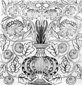 "The Flower Pot", painel bordado concebido por William Morris (1834-96) e executado por May Morris (impressão a preto e branco) de William Morris
