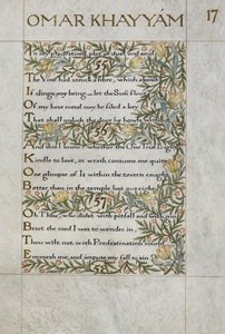 O Rubaiyat de Omar Khayyam; versos 55 - 57. Caligraficamente escrito e decorado por William Morris, com bordaduras de folhagem e flores de William Morris