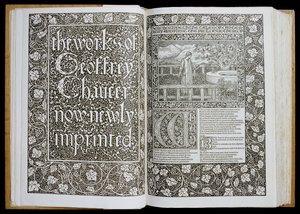 Página de título e frontispício de &39;The Works of Geoffrey Chaucer&39;, publicado em 1896 pela Kelmscott Press (xilogravura) de William Morris