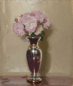 Rosas cor-de-rosa num vaso de brilho prateado de William Nicholson
