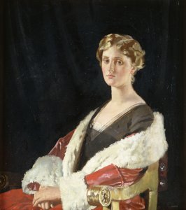 Retrato de Nancy Oswald Smith, sentado meio comprimento, com um casaco vermelho forrado de pele, 1915 de William Orpen