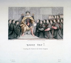 Henrique VIII concedendo o alvará aos cirurgiões barbeiro, século XVI, 1817.                      de William P Sherlock