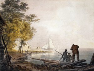 Castelo de Cowes com barqueiros na costa (aguarela) de William Payne