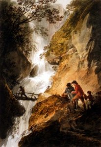 Paisagem com cascata (lápis e aguarela sobre papel)