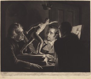 Três pessoas vendo o gladiador à luz de velas de William Pether after Joseph Wright