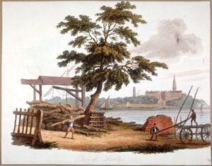 Homens movendo madeira em Bankside, Southwark, Londres, c1810