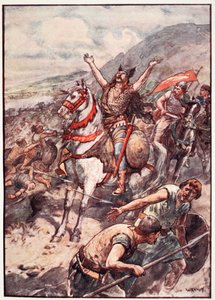 "Se me derem a vitória sobre esses inimigos, serei batizado em Teu nome", placa de "A história da França", de Mary MacGregor, 1920 (litografia colorida) de William Rainey